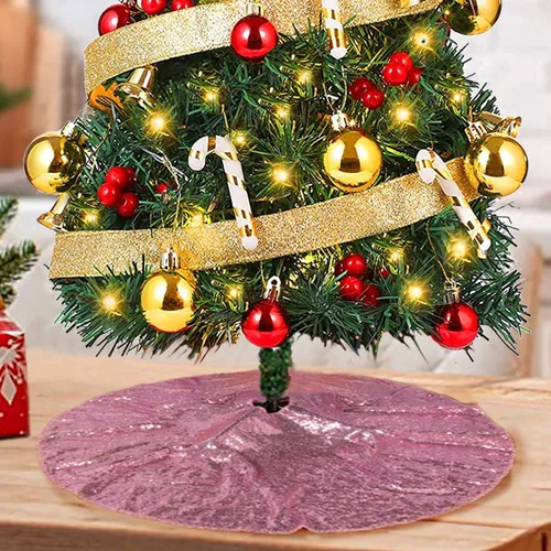 Miniatura 13 de ShinyBeauty Falda de árbol de Navidad rosa claro de 24 pulgadas, falda de lentejuelas para lápices/mini árboles, cubierta navideña para Año Nuevo