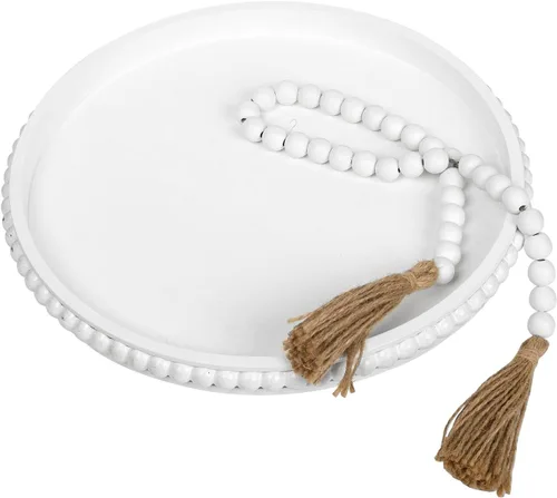 Miniatura 6 de Bandeja redonda de madera blanca de 12 pulgadas con guirnalda de cuentas de madera para decoración del hogar, bandeja decorativa para decoración
