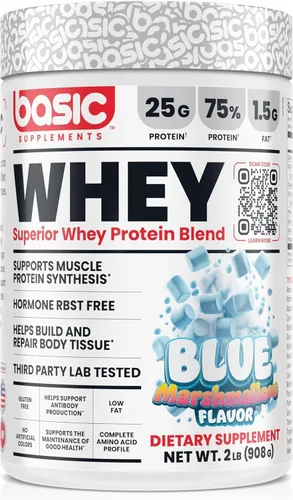 BASIC SUPPLEMENTS Proteína de suero en polvo, 0.88 oz de proteína, perfil completo de aminoácidos, sin gluten, bajo en grasa, sin RBST, apoya la