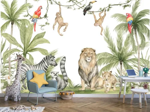 Pegatinas de pared de animales de selva de plantas verdes tropicales, murales de pared personalizados para dormitorios, salas de estar, oficinas