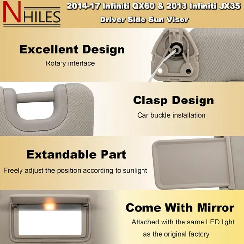 Miniatura 3 de NHILES Visera Solar Izquierda del Conductor con Lámpara y Espejo para Nissan Pathfinder 2013-2020 2014-2020 Infiniti QX60 y 2013 Infiniti JX35, OEM
