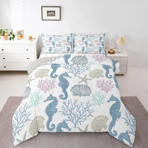 Miniatura 26 de Erosebridal Blue Ocean - Juego de edredón tamaño individual Juego de ropa de cama de ballena delfín y tortuga marina para niños y niñas, juego