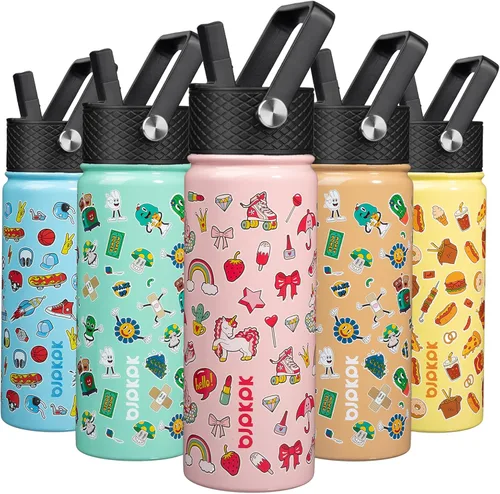 Miniatura 38 de BJPKPK Botella de agua aislada con tapa con pajilla, bonitas botellas de agua de 15 onzas, termo de metal de acero inoxidable, vasos reutilizables