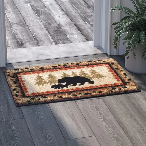 Miniatura 4 de EMMA + OLIVER Alfombra rústica con temática de cabaña o cabaña, diseño de oso y cachorro con árboles, 2 x 3 pies, borde con patrón de pista de oso