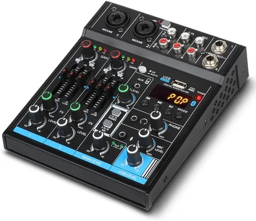 Depusheng M4 Mezclador Mini Portátil de 4 Canales - Consola de DJ con Tarjeta de Sonido, Función Bluetooth, USB, Alimentación Fantasma de 48 V para