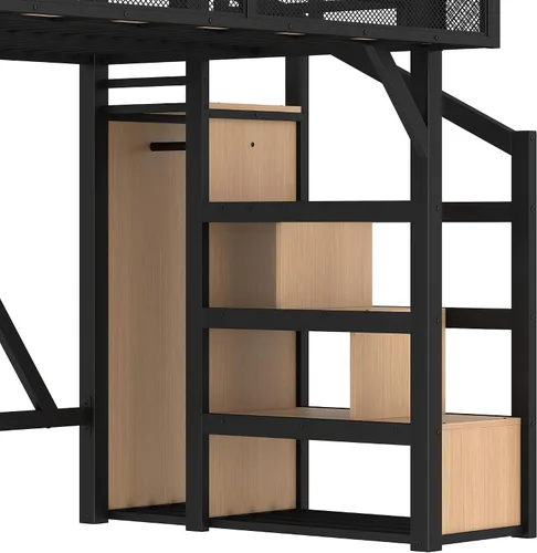 Miniatura 5 de SOFTSEA Cama alta individual XL con escaleras y almacenamiento, marco de cama de metal con puertos USB y luces LED, cama alta resistente con armario