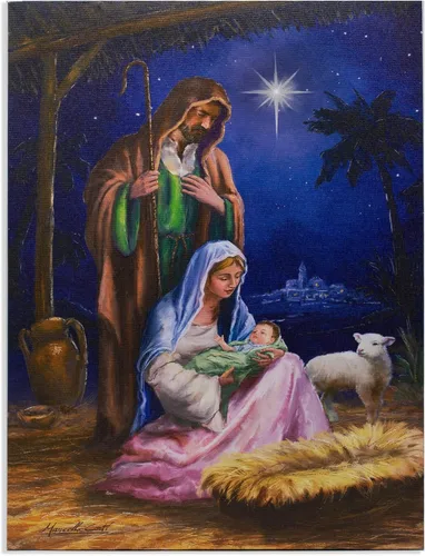 BANBERRY DESIGNS Nativity - Lienzo decorativo para pared, cuadro LED de la Sagrada Familia con María José y el Niño Jesús, escena de establo de
