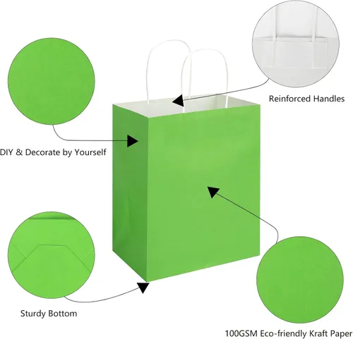 Miniatura 3 de Toovip Paquete de 100 Bolsas de Papel Kraft Verde Hierba Medianas de 8 x 4.75 x 10 Pulgadas con Asas a Granel, Bolsas de Envolver Regalos