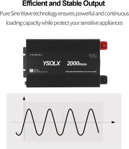 Miniatura 2 de YSOLX Inversor de corriente de onda sinusoidal pura de 2000 W, convertidor de corriente de 12 V a 110 V/120 V CA para el hogar, RV, camión, puerto