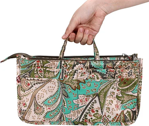 Miniatura 7 de BTSKY Organizador de bolso de mano de impresión dentro del bolso, alta capacidad, 13 bolsillos, organizador con asa, flor de pavo real