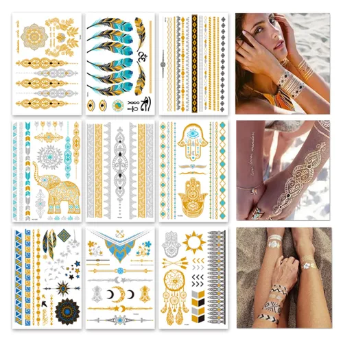 Tatuajes temporales metálicos de más de 120 años para mujeres, adolescentes, niñas, tatuajes dorados y plateados, con purpurina, impermeables,
