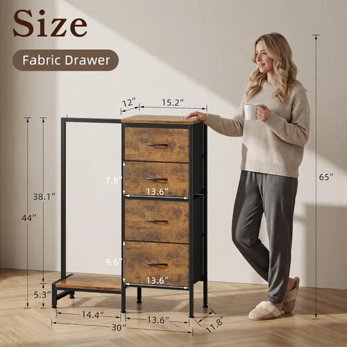 Miniatura 5 de HIGDBFE Cómoda con estante para colgar, armario pequeño de 4 cajones para dormitorio, cómoda de tela reversible para niños con perchero, torre