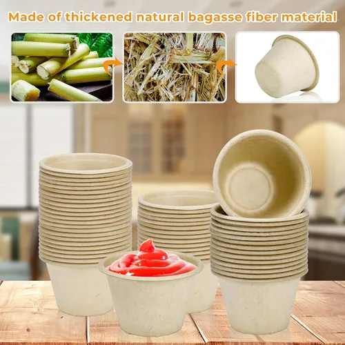 Miniatura 3 de LeonBach Paquete de 150 unidades de 4oz Tazas de salsa de fibra de bagazo natural, tazones pequeños desechables de papel para sumergir compostables