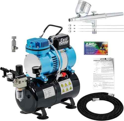 Master Airbrush Cool Runner II Kit de aerógrafo y compresor con ventilación dual y tanque, con pincel de aire por gravedad con 3 puntas (0.2, 0.3 y