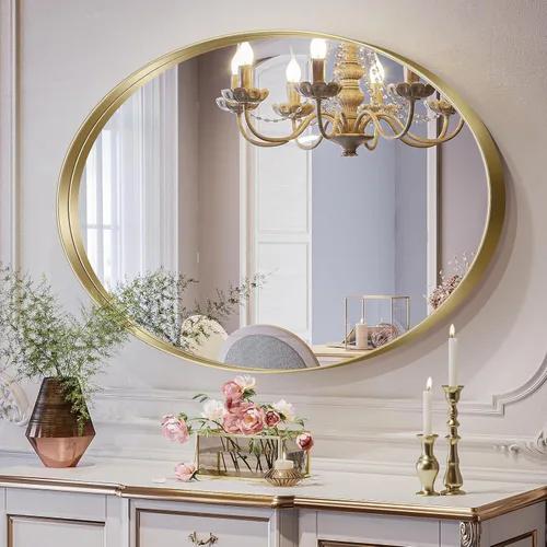 Miniatura 2 de Espejo ovalado dorado de Brightify para baño de 28x40 pulgadas, espejo ovalado de tocador con marco de metal dorado, espejo de pared moderno