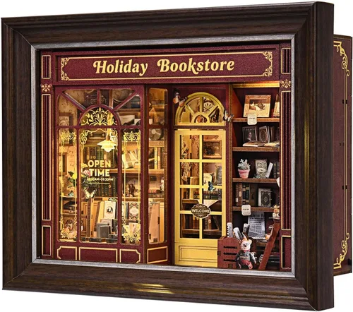Miniatura 12 de Kit de rincón de libros, rompecabezas de madera 3D con control de interruptor LED y marco para montar en pared, casa en miniatura