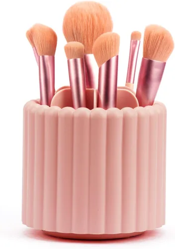 Vaso giratorio de 360 grados para brochas de maquillaje, lindo organizador de brochas rosa, soporte extraíble de 7 ranuras giratorio para brochas