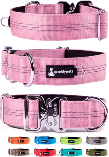 Miniatura 25 de SparklyPets Collar de perro ancho de servicio pesado con hebilla cromada de liberación rápida, collar táctico grueso para perro con rayas Azul