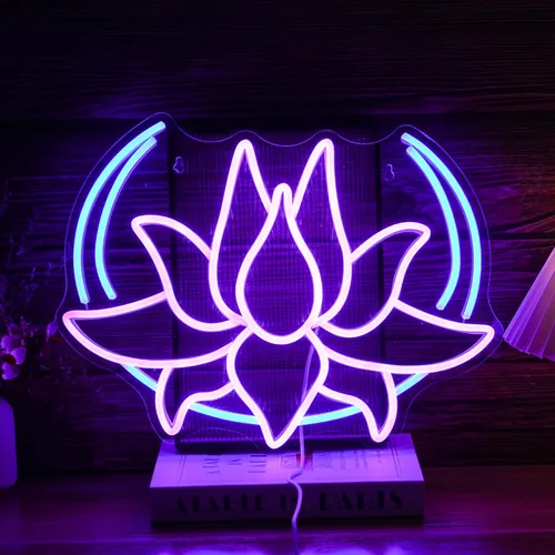 Letrero de neón con diseño de flor de loto y luna, regulable, luz de neón azul para decoración de pared, alimentación USB, loto morado, letrero de