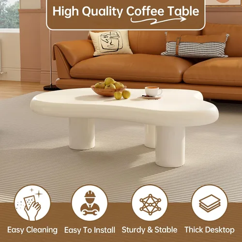 Miniatura 5 de Mesa de centro en forma de nube de 46.06 pulgadas, moderna mesa de centro blanca con borde redondo con 3 patas de soporte resistentes y mesa de 3.14