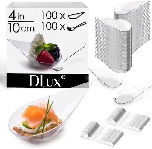 Miniatura 2 de DLux 100 mini platos de aperitivo en forma de lágrima de 4 pulgadas con tenedores, cucharas de plástico transparente reutilizables - platos