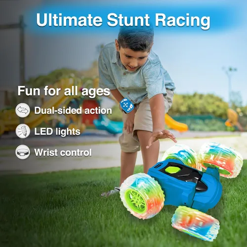 Miniatura 2 de Contixo SC3 RC Stunt Car, azul 2.4GHz 4WD doble cara giratoria 360° flip Racer control remoto auto de juguete con luces LED para niños y niñas de 4