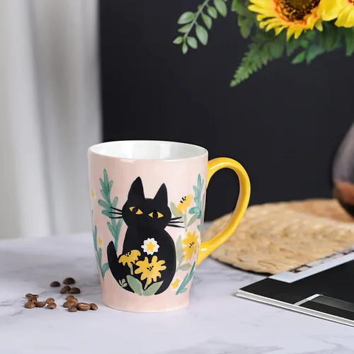 Miniatura 2 de NymphFable Taza de café de cerámica grande con mango 100% pintado a mano regalo de Navidad 20.3 fl oz/20oz Gato lindo rosa