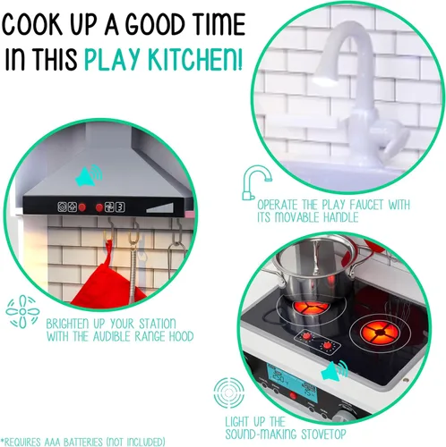 Miniatura 2 de Lil' Jumbl Juego de cocina pequeño blanco para niños, cocina de madera de simulación, incluye campana extractora, microondas, estufa, horno que hace