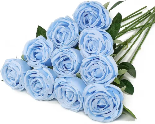 Coferset 10 rosas falsas de color azul bebé, flores artificiales de seda con tallos largos, rosas sintéticas realistas para ramo de boda, centros de