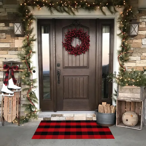 Miniatura 2 de Alfombra de Navidad a cuadros para exteriores, 2 x 4 pies 3 pulgadas, rojo y negro, alfombra de área para interiores y exteriores, alfombra de capas