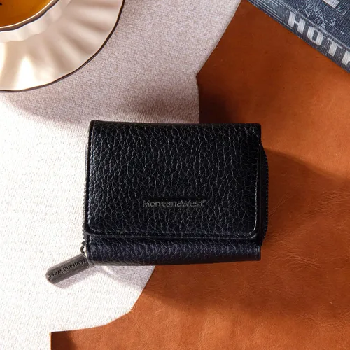 Miniatura 6 de Montana West Billetera pequeña para mujer, de piel auténtica, triple pliegue, tarjetero Rfid con cremallera y bolsillo para monedas, Un negro, Casual