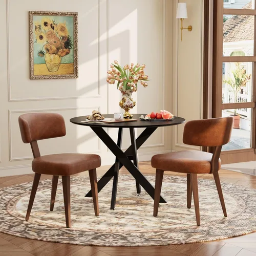 Miniatura 20 de Juego de mesa de comedor de madera para 2, mesa de cocina redonda de 36 pulgadas con 2 sillas de comedor Boucle, mesa de MDF con patas de metal
