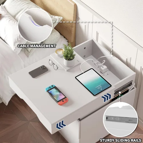 Miniatura 6 de YESHOMY Mesita de noche con luz LED y estación de carga, mesa auxiliar con 2 cajones, mesita de noche con gran capacidad, para dormitorio, juego