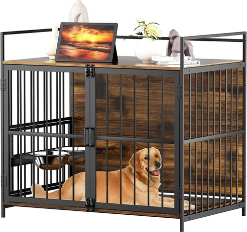 ROOMTEC Furniture Style - Jaula grande para perros con comedero elevado ajustable de 360° para perros, 2 cuencos de acero inoxidable, cojín para