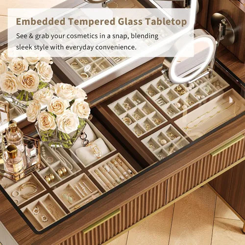 Miniatura 6 de iPormis Escritorio de tocador de maquillaje con espejo de aumento HD y 5X y luces, tocador de maquillaje de 47 pulgadas, tocador superior de vidrio