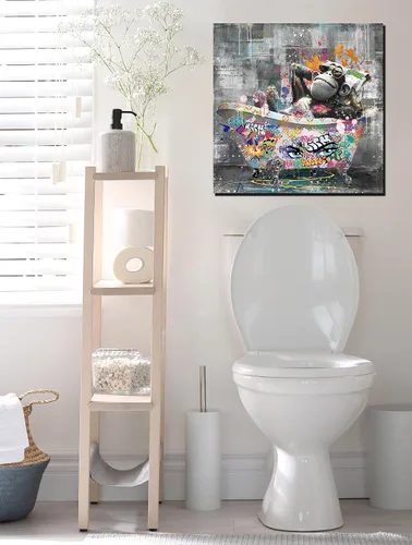Miniatura 4 de Kepgonegu Arte de pared de baño, divertido gorila en la bañera, graffiti, arte de pared en blanco y negro, listo para colgar, tamaño 30 pulgadas
