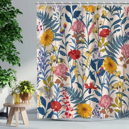 Miniatura 2 de RosieLily Cortinas de ducha, juego de cortinas de ducha florales con 12 ganchos, cortinas de ducha coloridas florales y hojas, decoración de baño