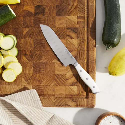 Miniatura 2 de HENCKELS Cuchillo Santoku con borde hueco ultra afilado forjado, 5 pulgadas, mango blanco, ingeniería alemana informada por más de 100 años