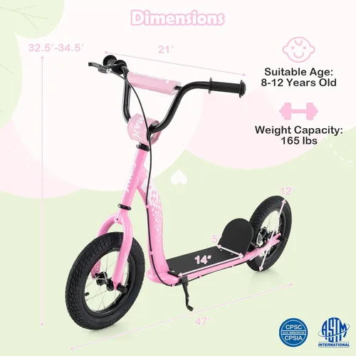 Miniatura 6 de GYMAX Patinete, Patinete de Empuje para Adultos, Adolescentes, Niños con Manubrio Ajustable, Ruedas Inflables de 12 Pulgadas, Freno de Pinza Rosa