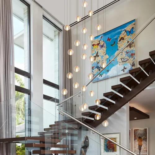 Miniatura 3 de Lámpara de escalera de 25 luces para techo alto, lámpara colgante de gota de lluvia de cristal moderno ajustable, luz colgante larga y grande