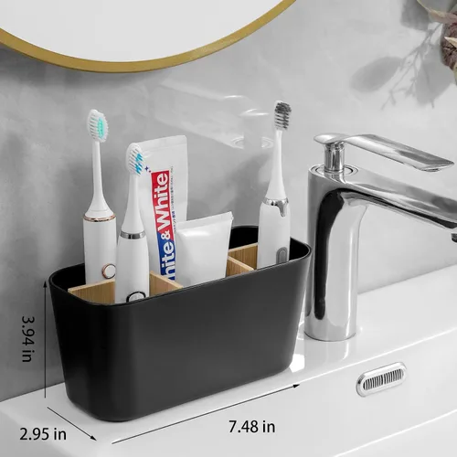 Miniatura 2 de Portacepillos de dientes para baños, soporte para cepillos de dientes de bambú con 5 ranuras, organizador de tocador de baño para encimera