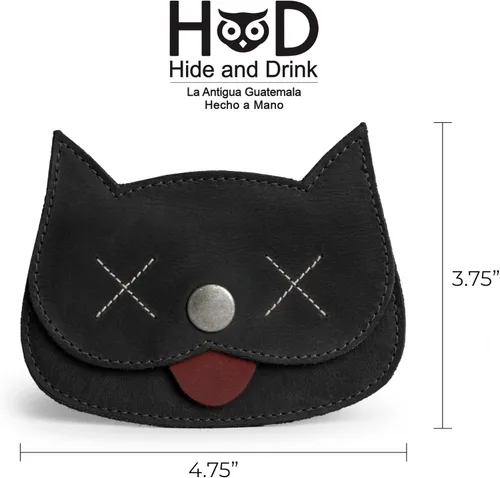 Miniatura 60 de Hide & Drink, Cartera en forma de gato, bolsa para monedas, soporte para dinero, accesorio de viaje, cuero de grano completo, hecho a mano, Negro