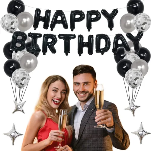 Miniatura 3 de Decoraciones de fiesta de cumpleaños color negro y plateado para niños y niñas, suministros de fiesta de cumpleaños número 14 con pancarta negra