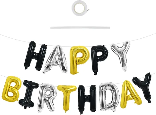Miniatura 20 de TONIFUL Pancarta de Globos Negros de Feliz Cumpleaños de 16 Pulgadas con Letras de Papel de Aluminio Mylar, Cartel Banderín Reutilizable