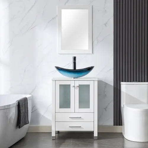 Miniatura 19 de LUCKWIND Combinación de tocador de baño de 24 pulgadas con lavabo, serie elegante con marco pintado, armario de almacenamiento de baño de dos