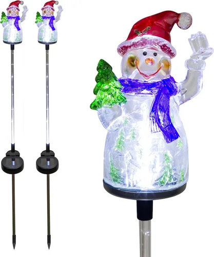 Miniatura 2 de Alpine Corporation Juego de 2 estacas solares de jardín de muñeco de nieve de 34 pulgadas de alto con luces LED de fibra óptica blanca, juego de 2