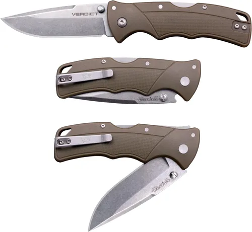Cold Steel VERDICT 4116SS - Hoja de punta de lanza de 3 pulgadas, acero con borde recto 4116SS con acabado lavado de piedra, mango FDE GFN, clip de