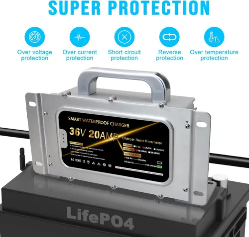 Miniatura 6 de Cargador de batería a bordo de litio de 43.8 V 20 A para batería LiFePO4 de 36 V (38.4 V) 12S, cargador inteligente impermeable IP67 para carrito