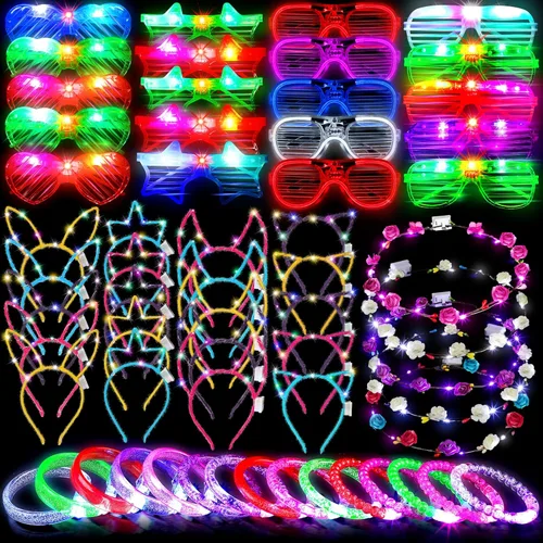 ADXCO 60 piezas de suministros de fiesta que brillan en la oscuridad, recuerdos de fiesta de neón con luz LED, regalos de fiesta con gafas