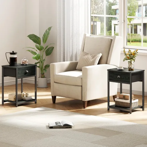 Miniatura 8 de Furologee Mesita de noche con cajón de tela y estante de almacenamiento, mesa auxiliar pequeña para espacios pequeños, mesa auxiliar industrial de 2